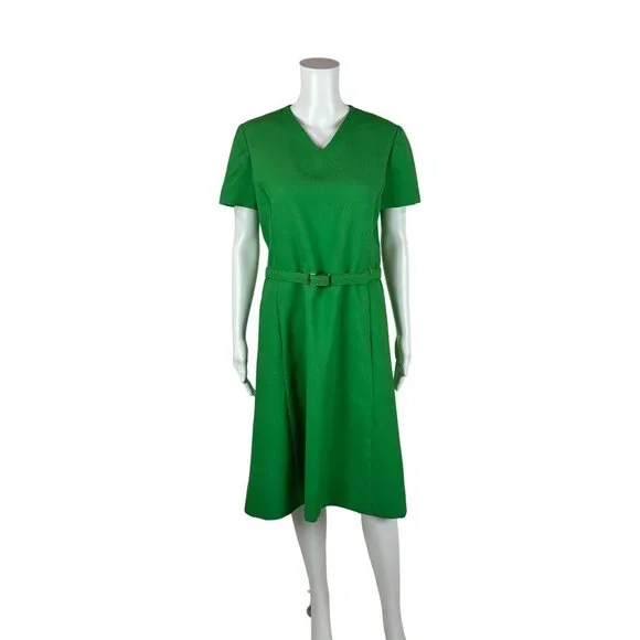 Vintage 70s Shift Dress Women's Large Solid Green V-Neck Belted Kangaroo Pockets - Picture 2 of 11